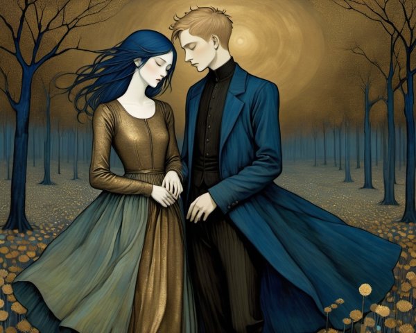 Couple in Mystical Landscape with Ethereal Forest