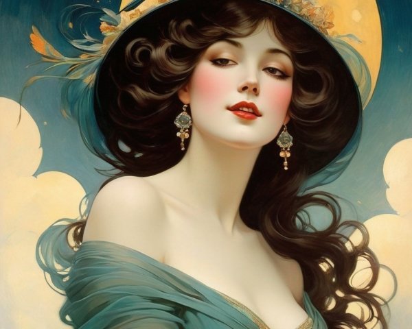 Elegant Woman in Green Gown Under Moonlit Sky
