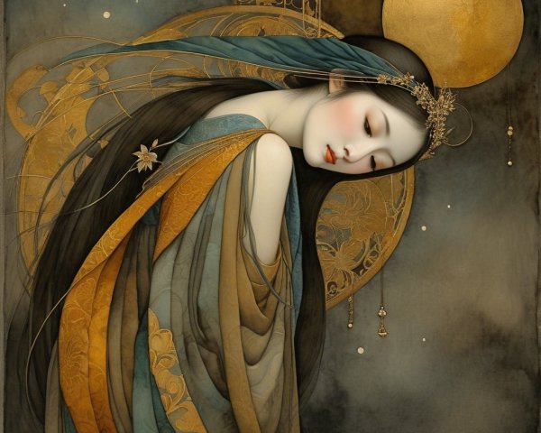 Serene Woman with Flowing Hair and Golden Moon