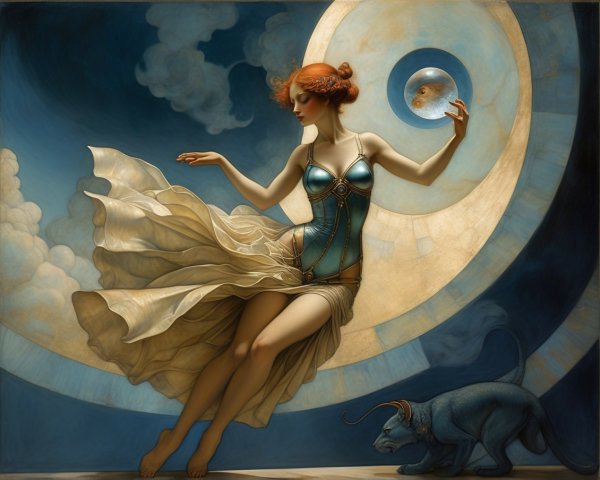 Graceful Woman in Blue and Gold Dress with Cat