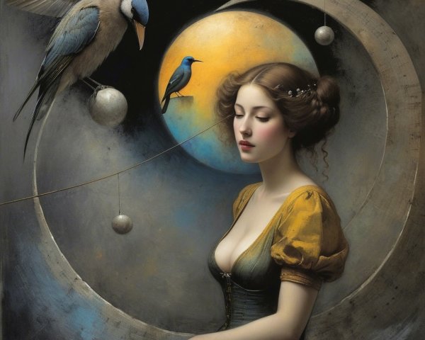 Serene Woman with Celestial Backdrop and Blue Bird