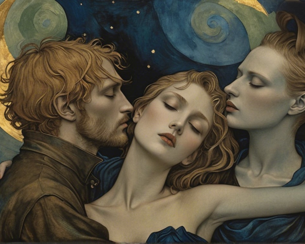 Ethereal Figures in Intimate Embrace with Starry Background