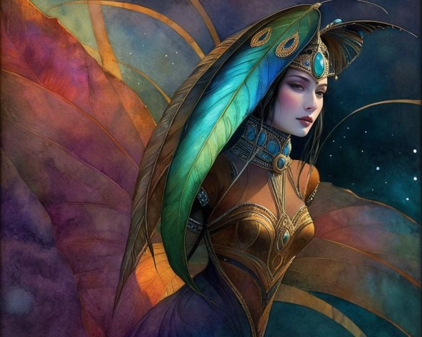 Mystical figure in jewel-toned gown against cosmic backdrop