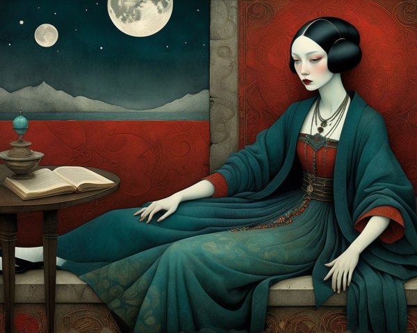 Serene Figure in Teal Gown by Round Table at Night