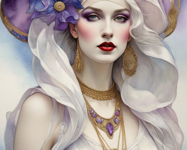Woman with pale skin, purple eye shadow, red lips, turban, flower, white hair,
