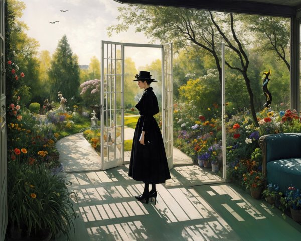 Elegant Woman in Doorway Overlooking Vibrant Garden