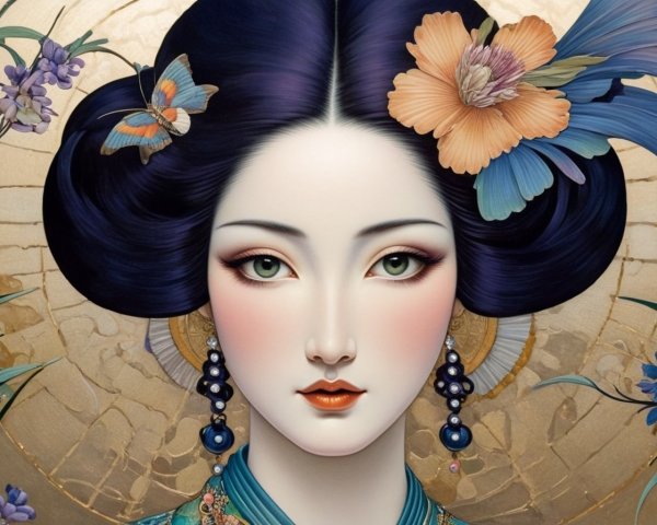 Illustration of a woman with ornate hair and large eyes