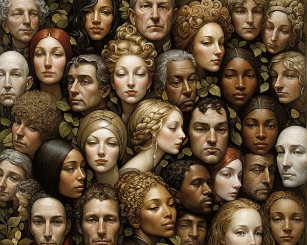 Collage of Diverse Human Faces Surrounded by Leaves