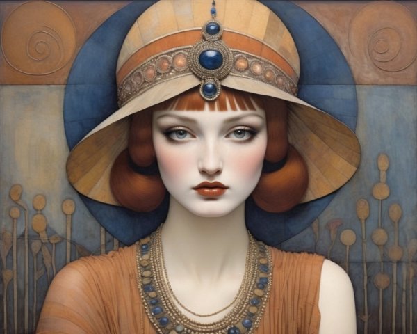 Portrait of Woman with Red Hair in Stylish Attire and Ornate Accessories