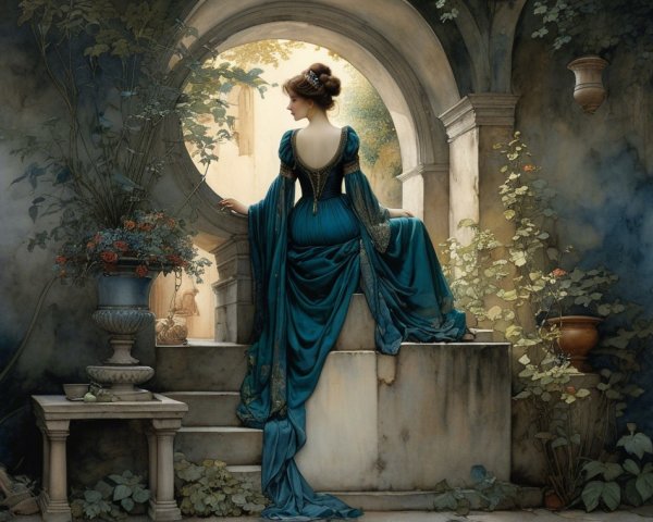 Elegant figure in turquoise gown on stone steps