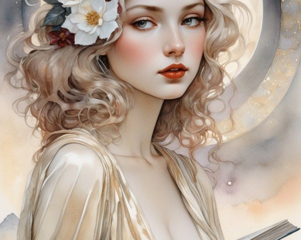 Illustrated woman with wavy hair, flowers, open book, crescent moon, mountains