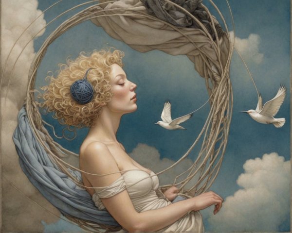 Serene Woman Surrounded by Nature and Birds in Sky