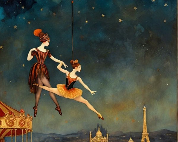 Whimsical Night Scene with Dancers Over Paris Skyline