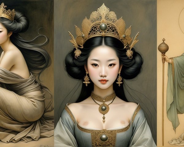 Three Elegant Figures of Women in Royal Attire