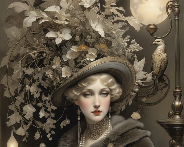 Elegant Woman with Extravagant Floral Hat and Jewelry