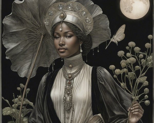 Regal figure with parasol against moonlit backdrop