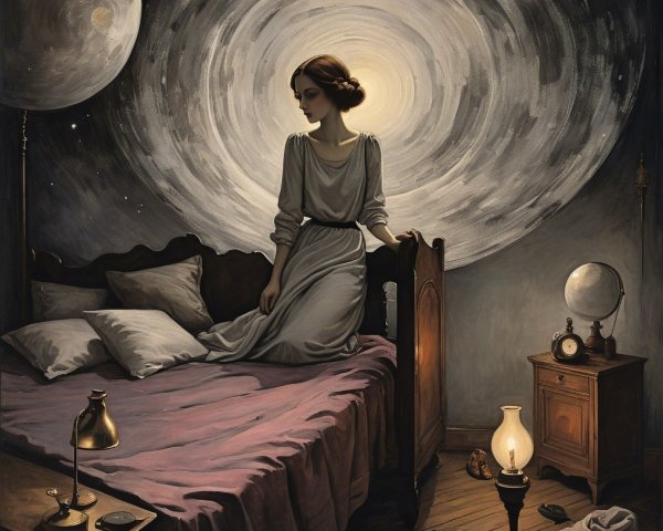 Young woman in gray dress amidst cosmic patterns