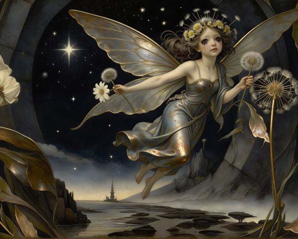 Photorealistic painting of a fairy in a night sky