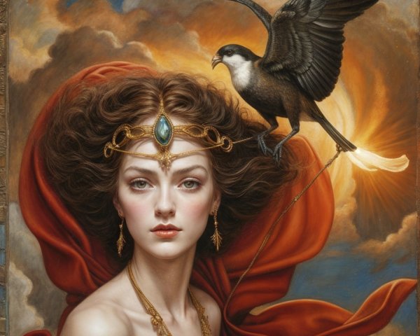 Regal Woman with Crown and Mystical Black Bird