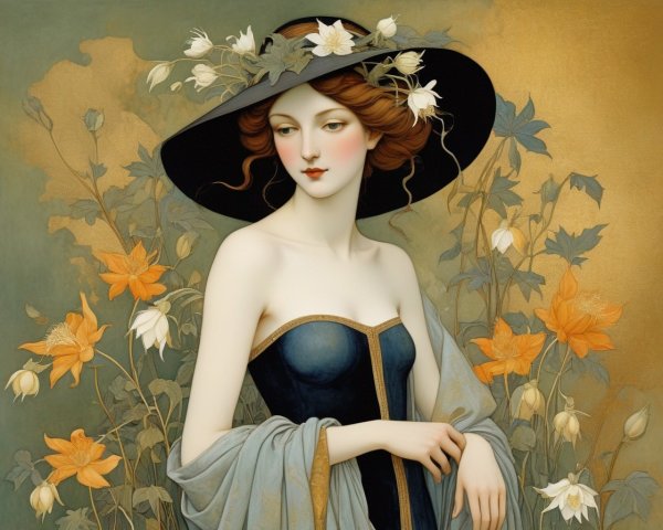 Serene Woman in Floral Hat and Elegant Dress