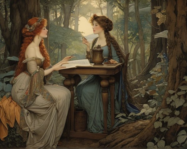 Women in Elegant Attire Conversing in a Forest Setting