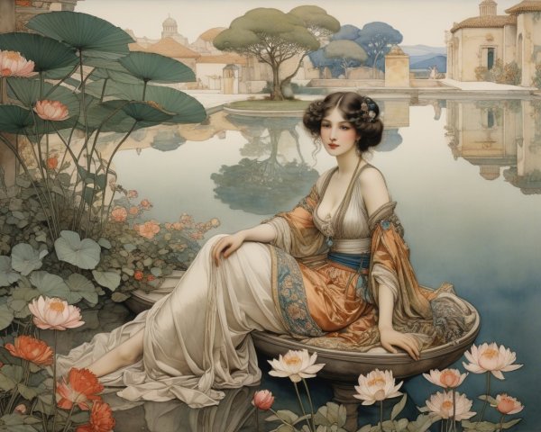 Serene Woman in Boat Surrounded by Lotus Flowers