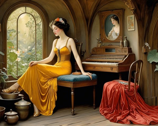 Serene Room with Woman in Yellow Gown and Elegant Decor