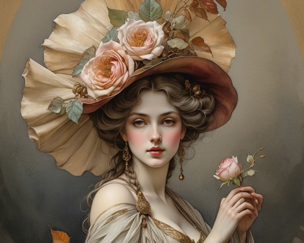 Serene Young Woman with Floral Hat and Jewelry