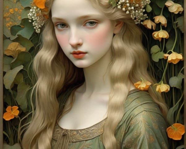 Portrait of young woman with long blonde hair and floral adornments in nature setting