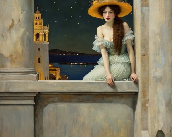 Young Woman by Stone Window with Moonlit View
