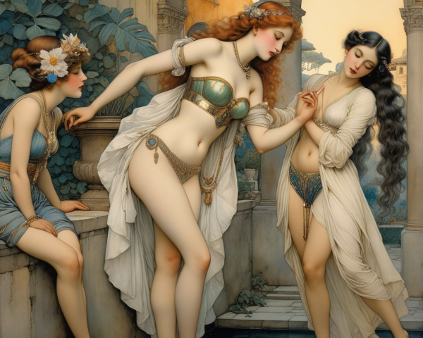 Elegant Women in Classical Architectural Setting