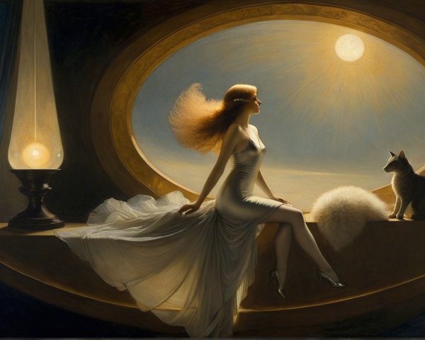 Elegant Woman in White Dress by Oval Window