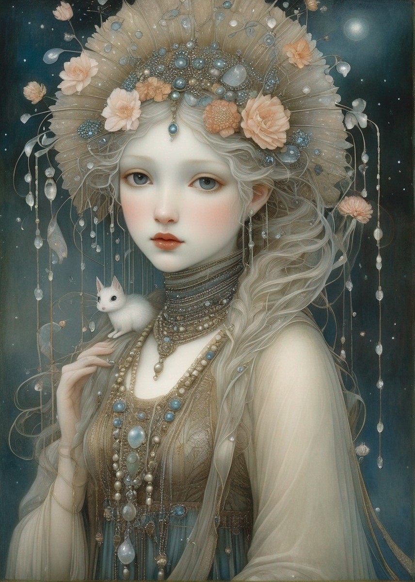 Pale woman in vintage bejeweled attire holding white fox with flowers and pearls