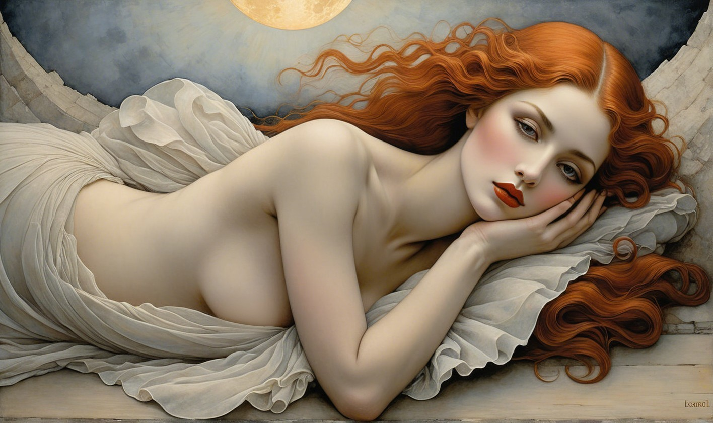 Dreamy goddess in ethereal setting with full moon