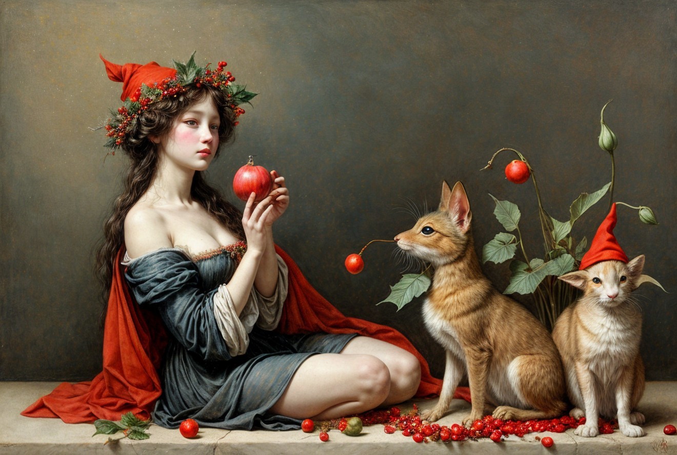 Young Woman in Dark Gown with Red Cape and Kittens