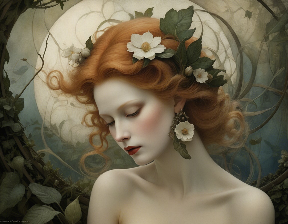 Serene Woman with Red Hair and Floral Accents