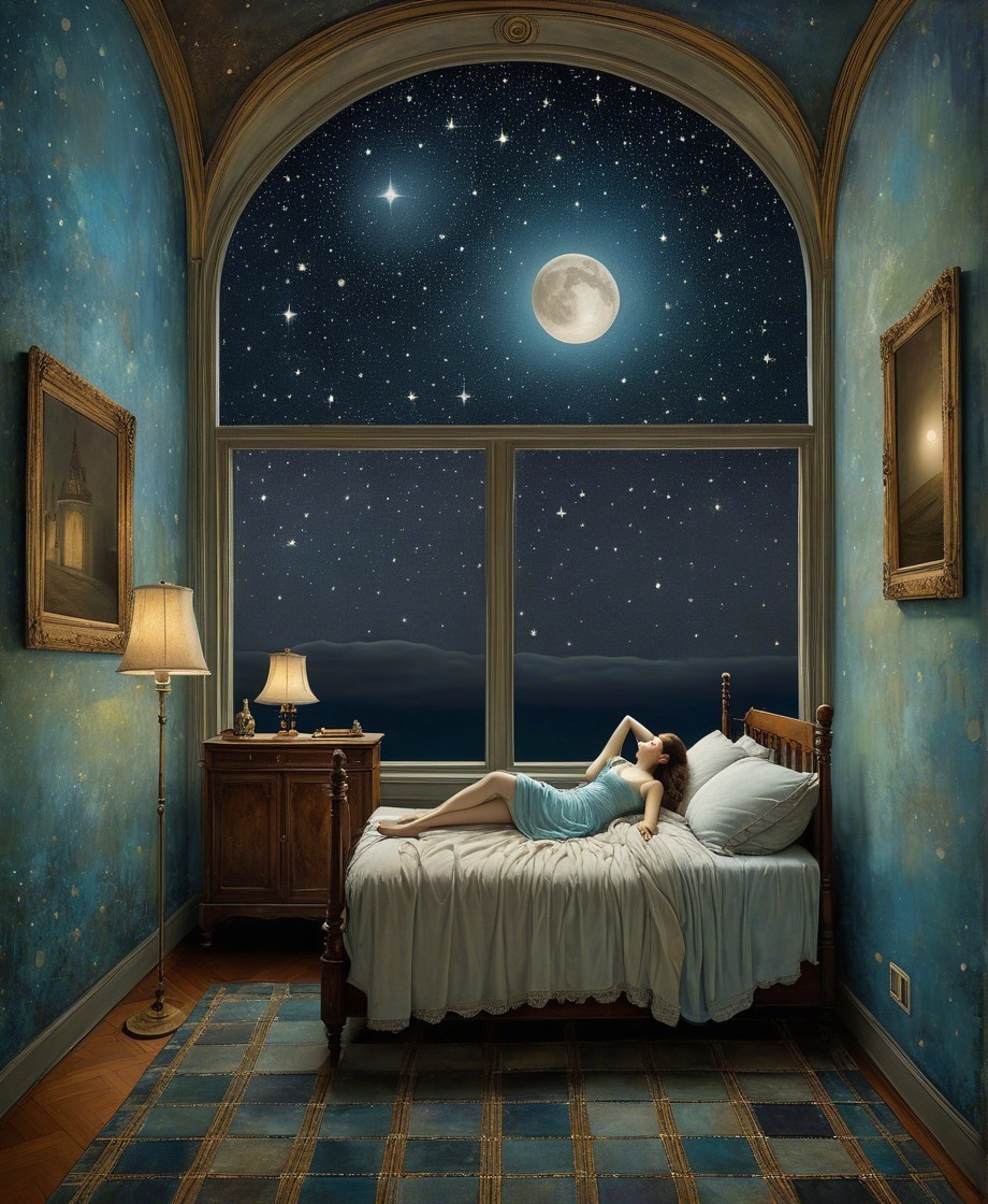 Serene bedroom with girl gazing at starry night sky