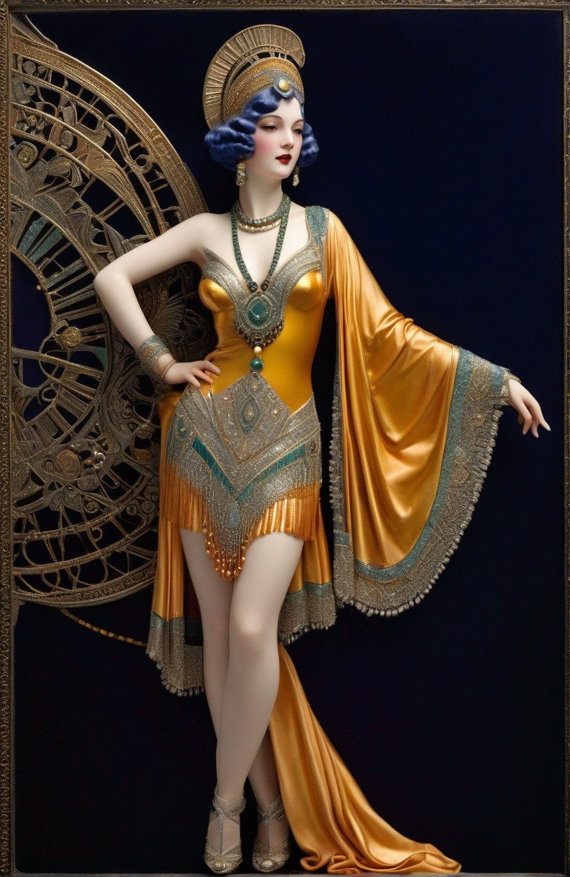 Elegant Woman in Art Deco Golden Costume on Black Background