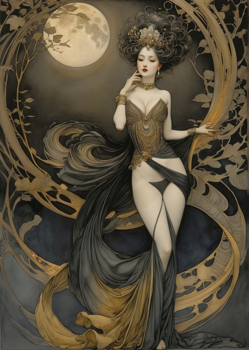 Elegant Woman in Luxurious Gown Against Moonlit Backdrop