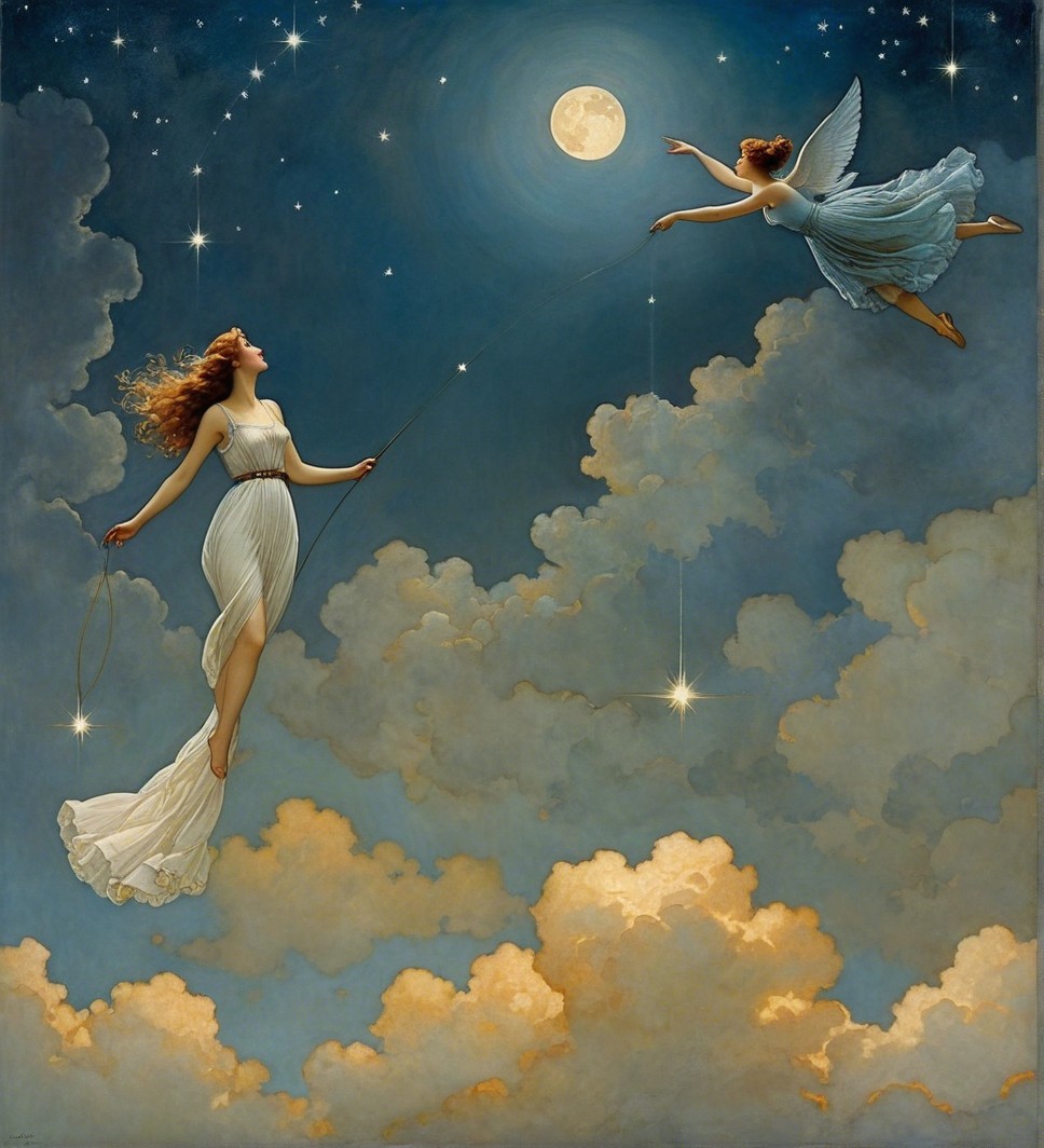 Celestial Scene of Woman Reaching for Angelic Figure