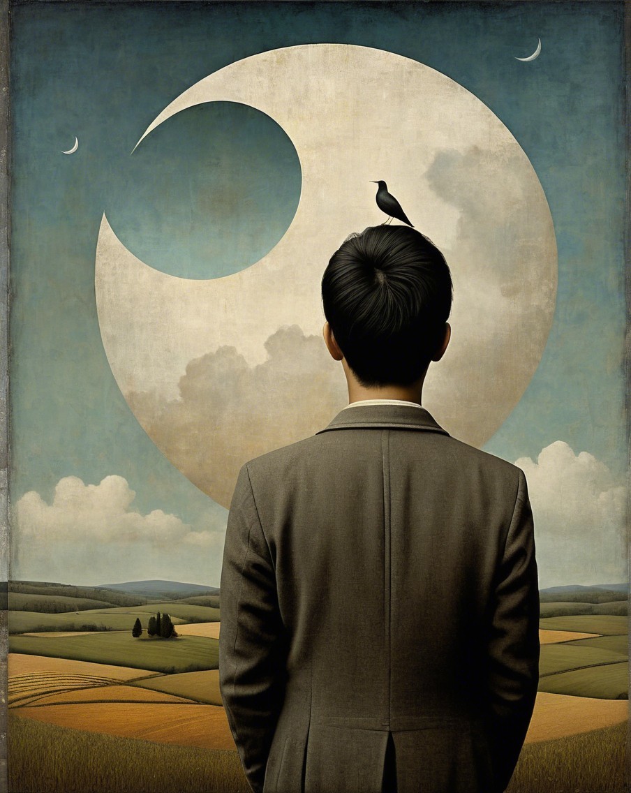 Solitary Figure in Landscape Under Stylized Moon