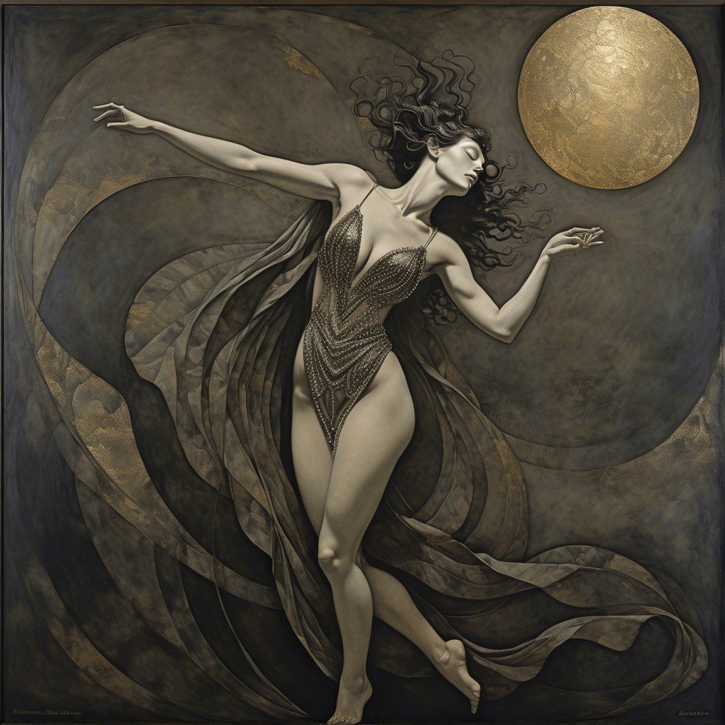 Elegant figure in flowing garment under a glowing moon
