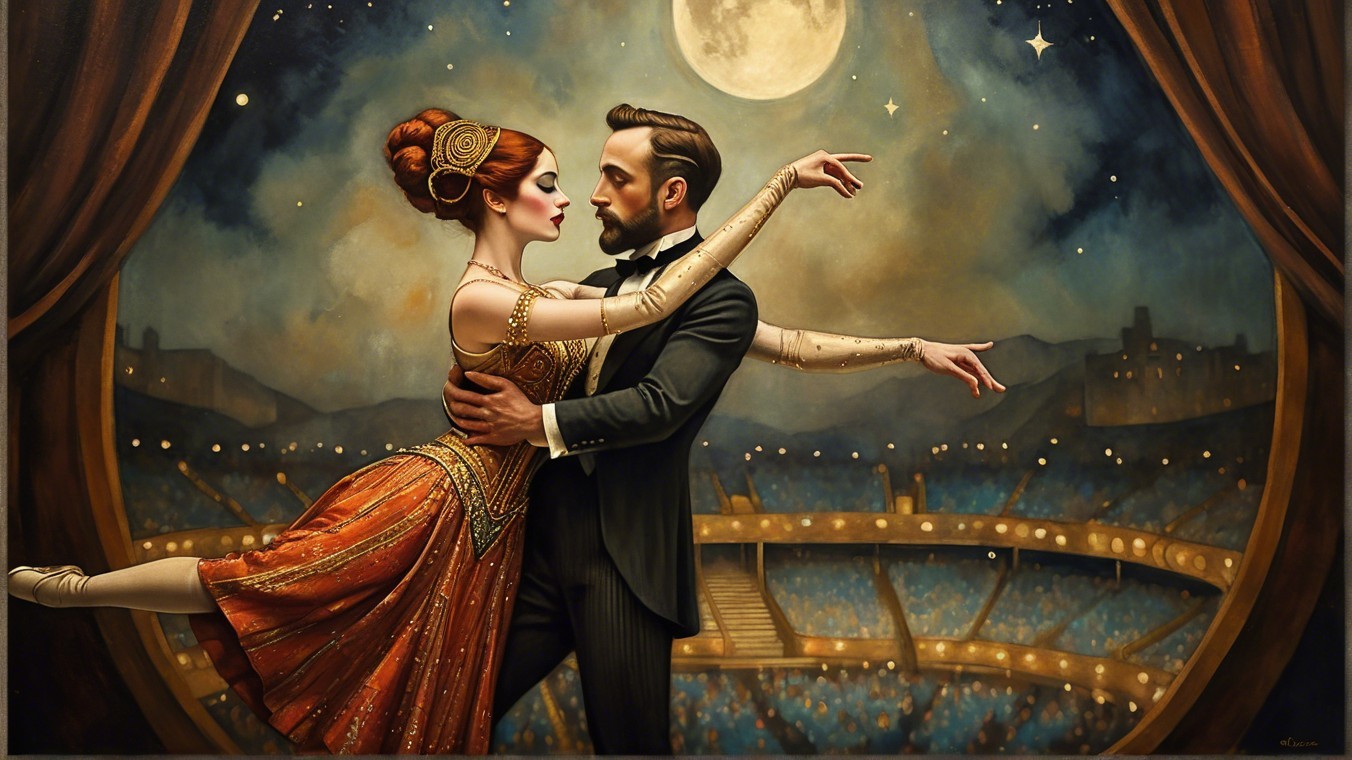 Glamorous Couple Dances Under Full Moon on Stage