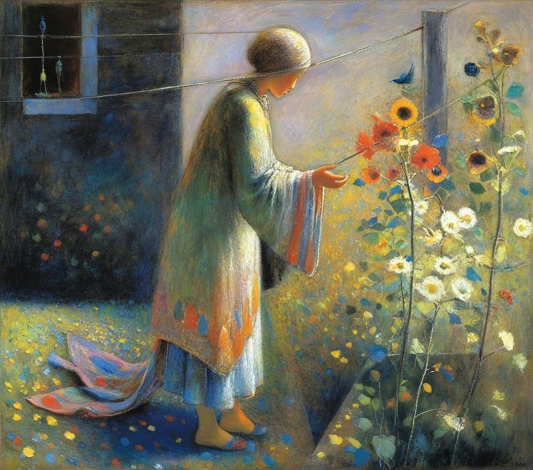 Serene Figure Tending Flowers in a Vibrant Garden