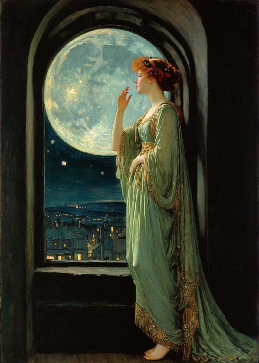 Woman in flowing green dress gazes at luminous full moon by open window