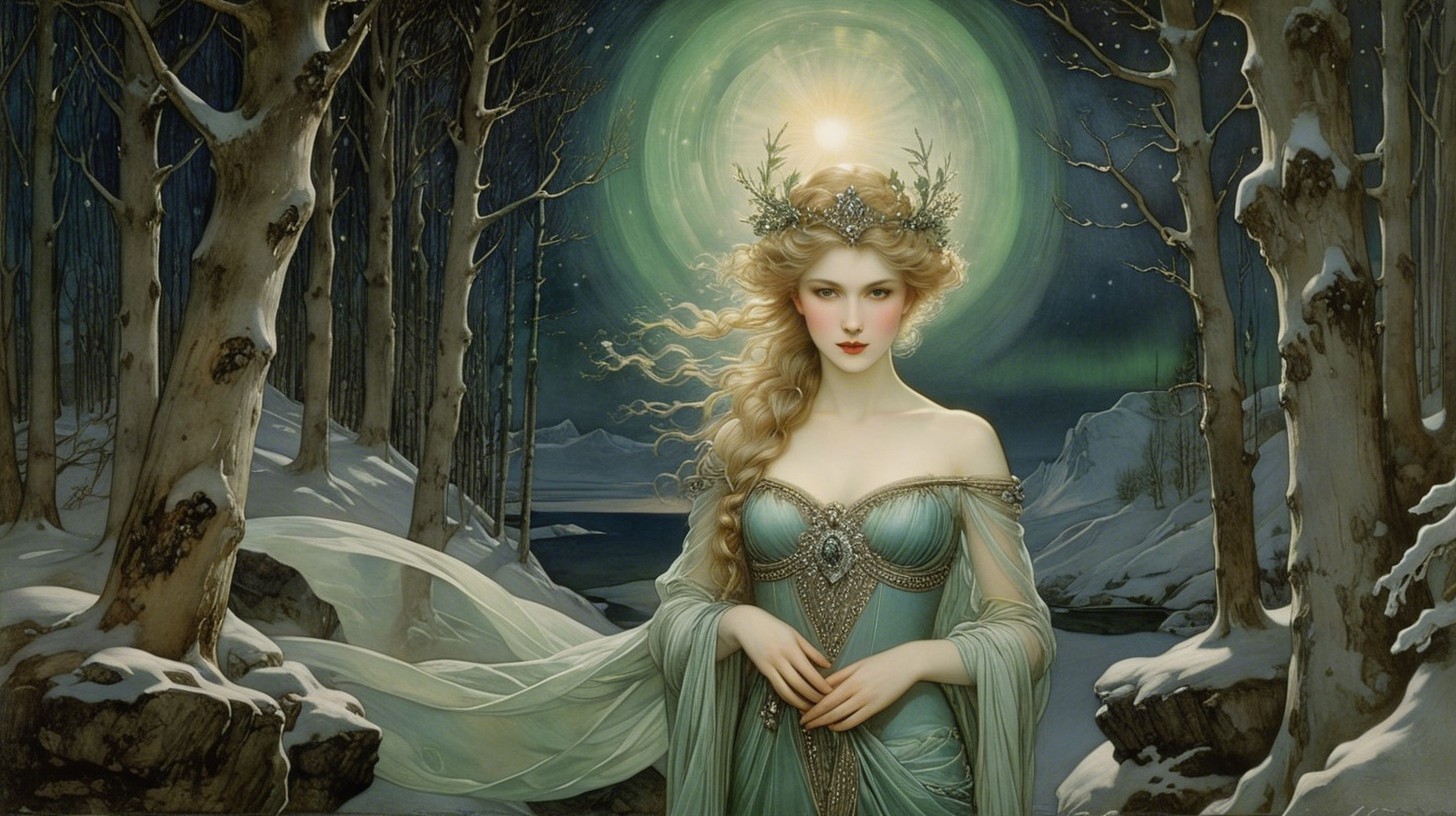Celestial Winter Queen in Snowy Forest Landscape