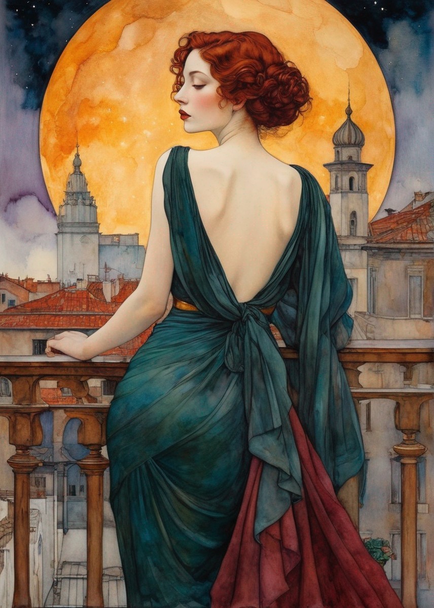 Woman in flowing green dress gazes at cityscape under full moon in art nouveau style