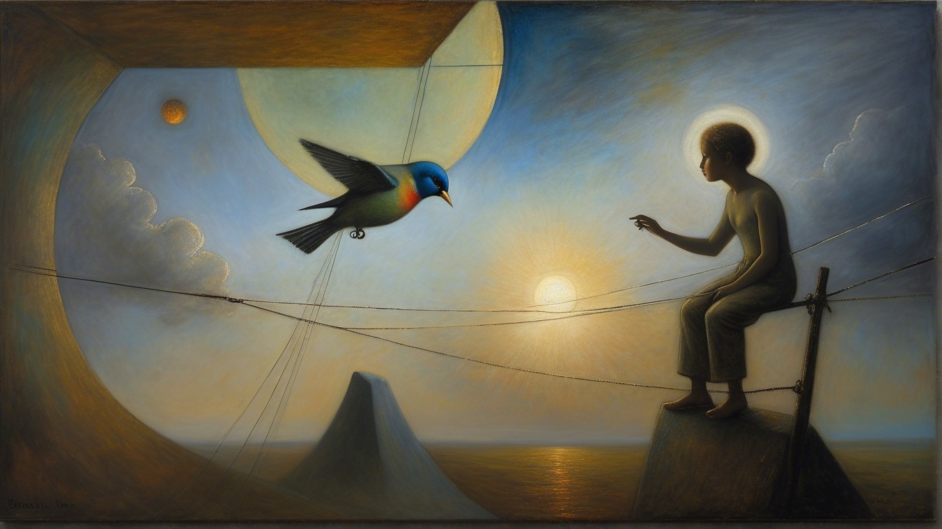 Surreal Scene of Figure and Vibrant Blue Bird