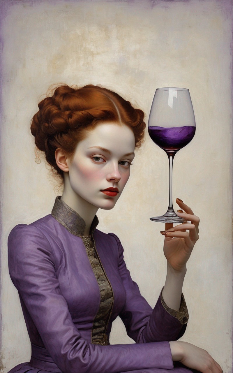 Auburn-Haired Woman in Purple Dress Holding Wine Glass
