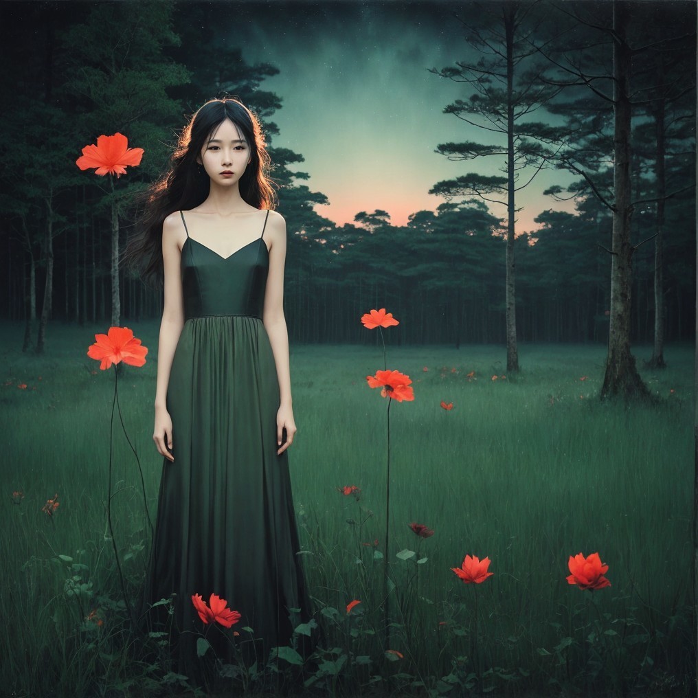 Young Woman in Dark Green Dress in Serene Forest